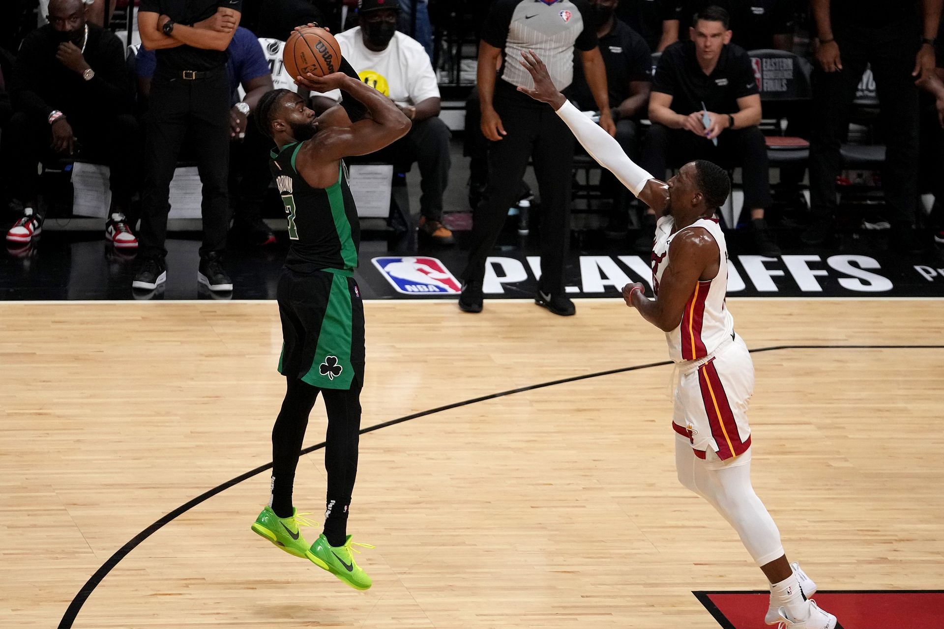 Jaylen Brown shoots over Bam Adebayo during Boston Celtics v Miami Heat - Game Five