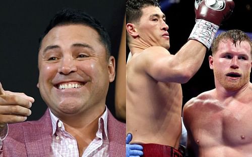 Oscar De La Hoya (left) and Dmitry Bivol with Canelo Alvarez (right)