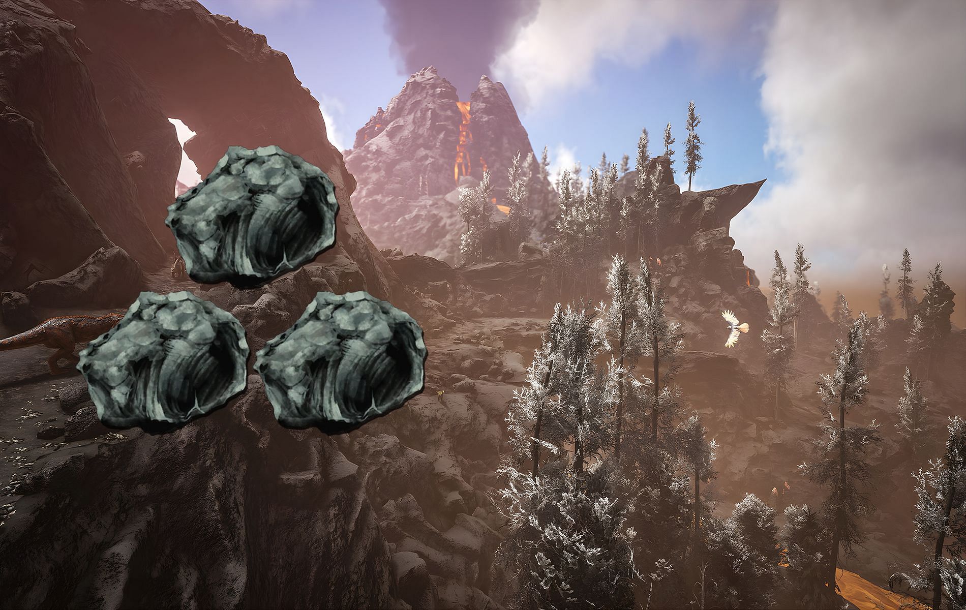 Obsidian can be found in volcanic areas on ARK Lost Island (Image via Sportskeeda)