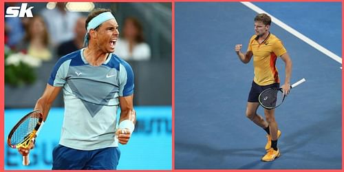 Rafael Nadal (L) plays David Goffin in the third round of the Madrid Open