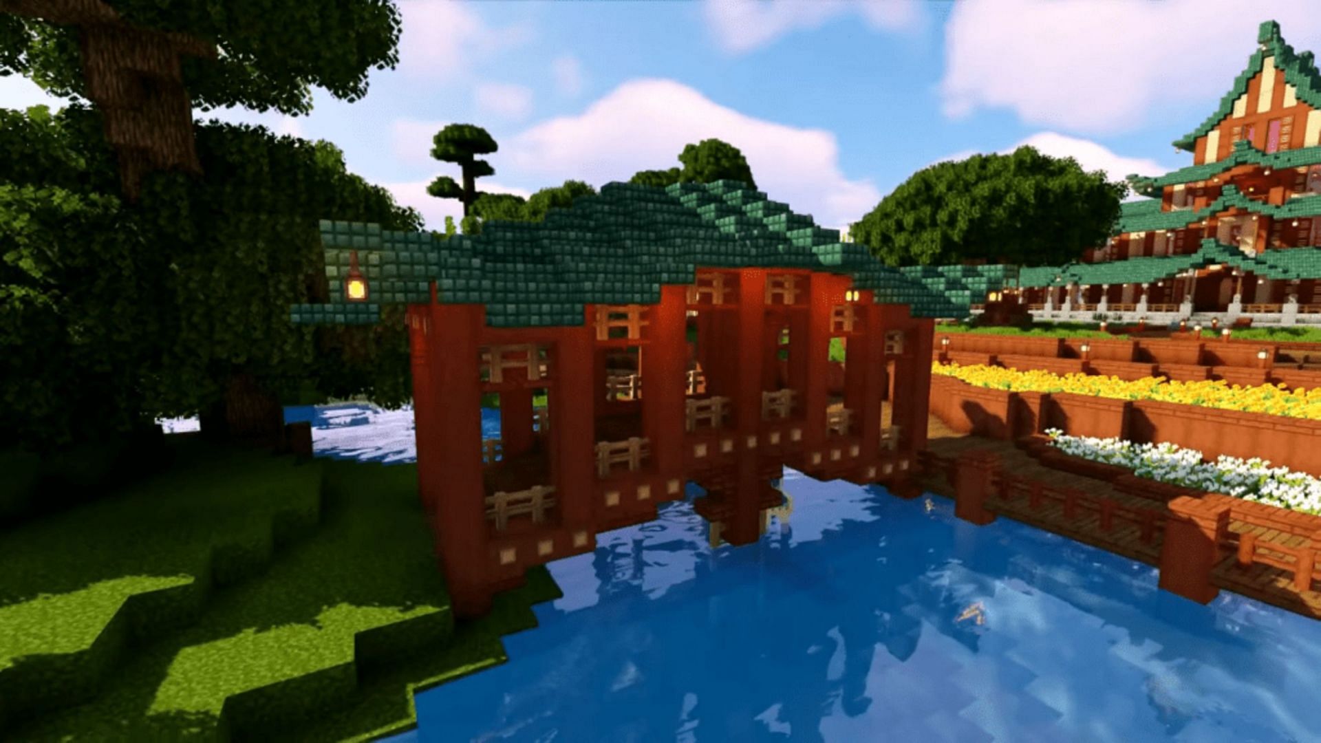 It takes a few different blocks, but the design of this bridge is wonderful (Image via BlueNerd Minecraft/YouTube)