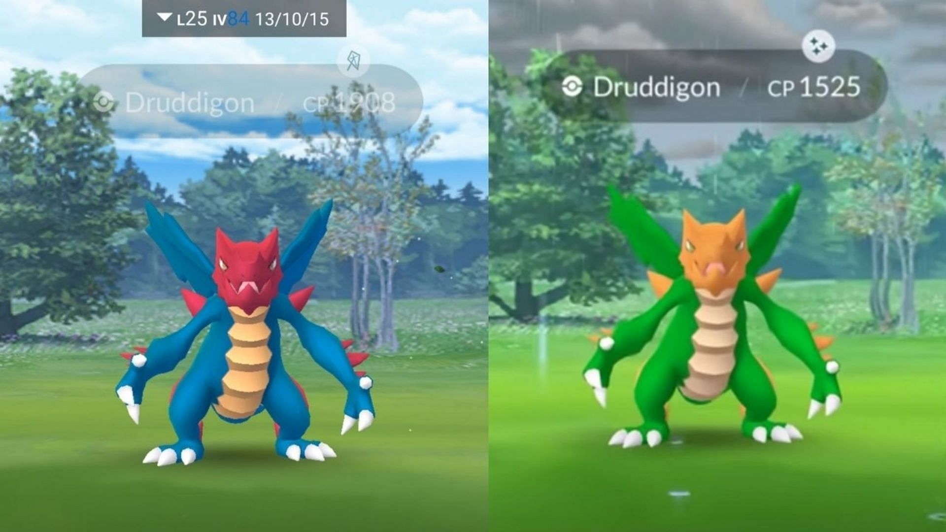 Druddigon and its shiny in Pokemon GO (Image via Niantic)