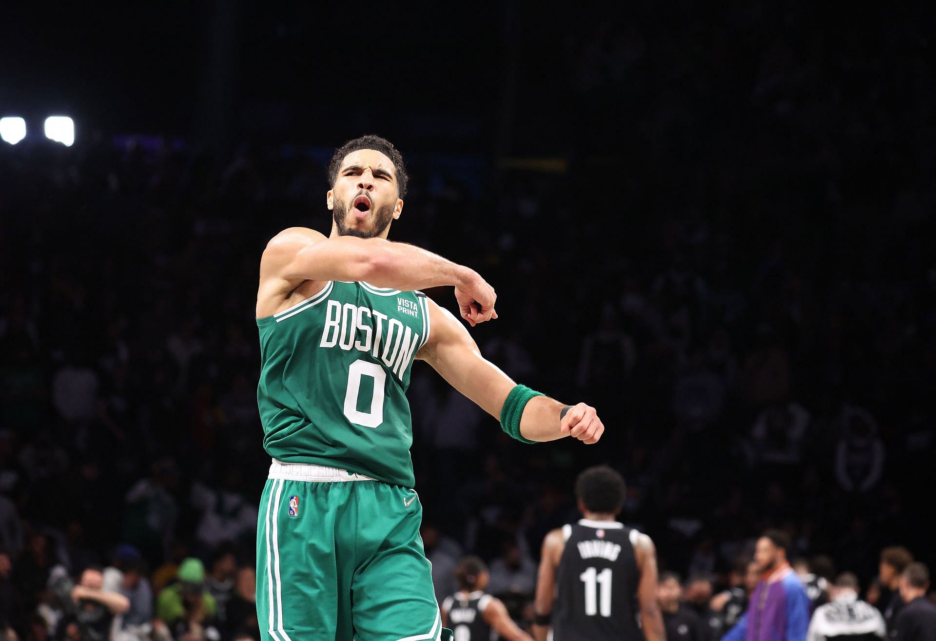 Jayson Tatum of the Celtics celebrates a 109-103 win against the Brooklyn Nets in Game Three.