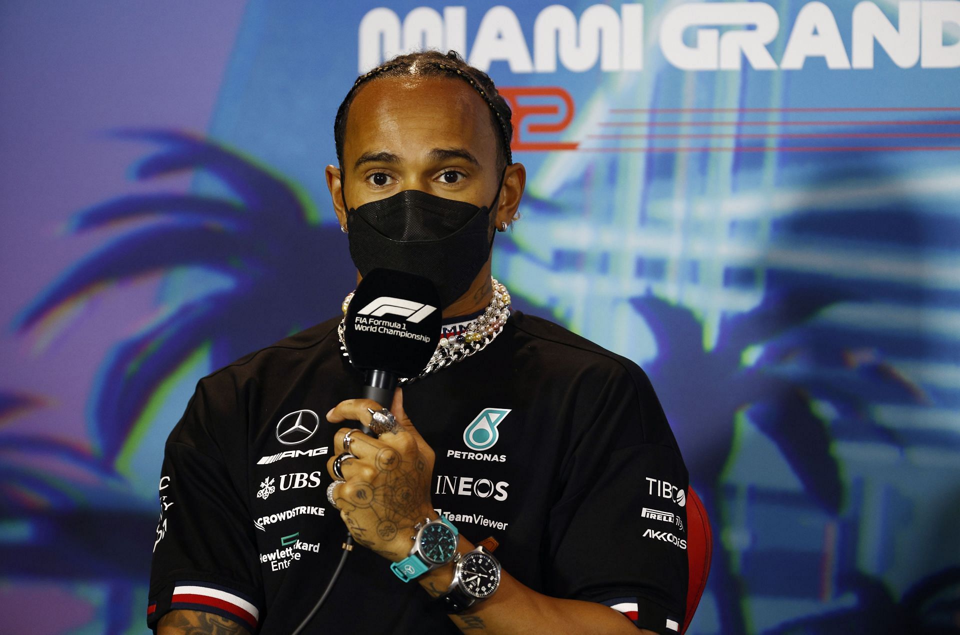 Lewis Hamilton talks in the Drivers&#039; Press Conference before practice ahead of the F1 Grand Prix of Miami (Photo by Jared C. Tilton/Getty Images)
