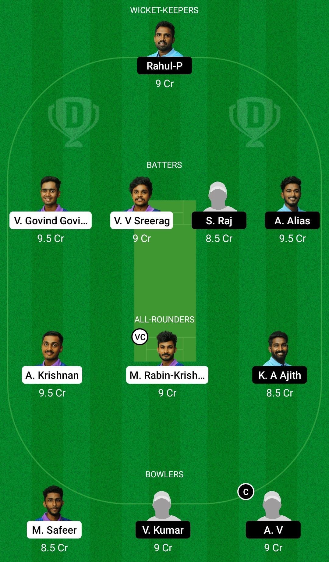 Dream11 Team for Jolly Rovers vs Masters RCC - KCA Club Championship 2022.