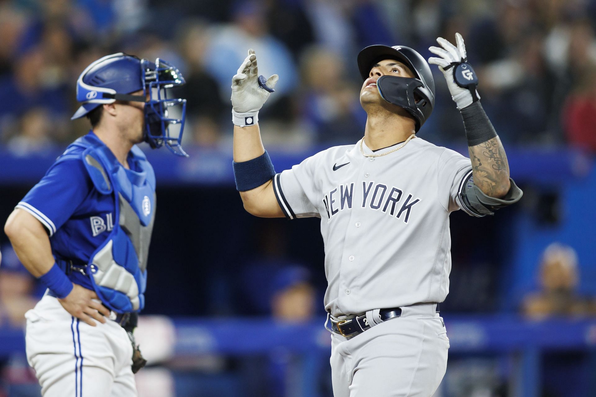 Gleyber Torres of the New York Yankees celebrates after a two-run home run against the Blue Jays on Monday night.