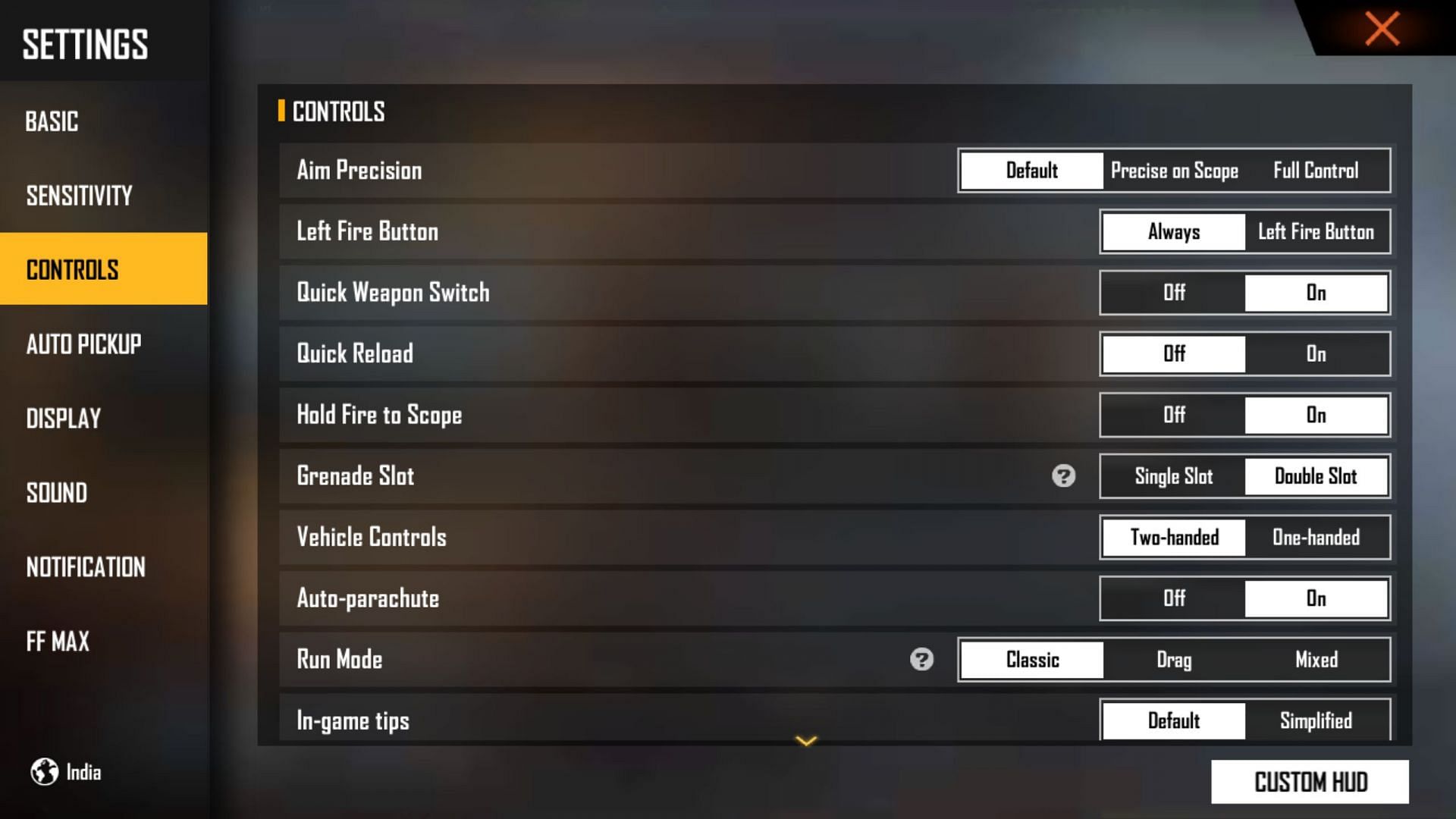 Ideal control settings for players (Image via Garena)