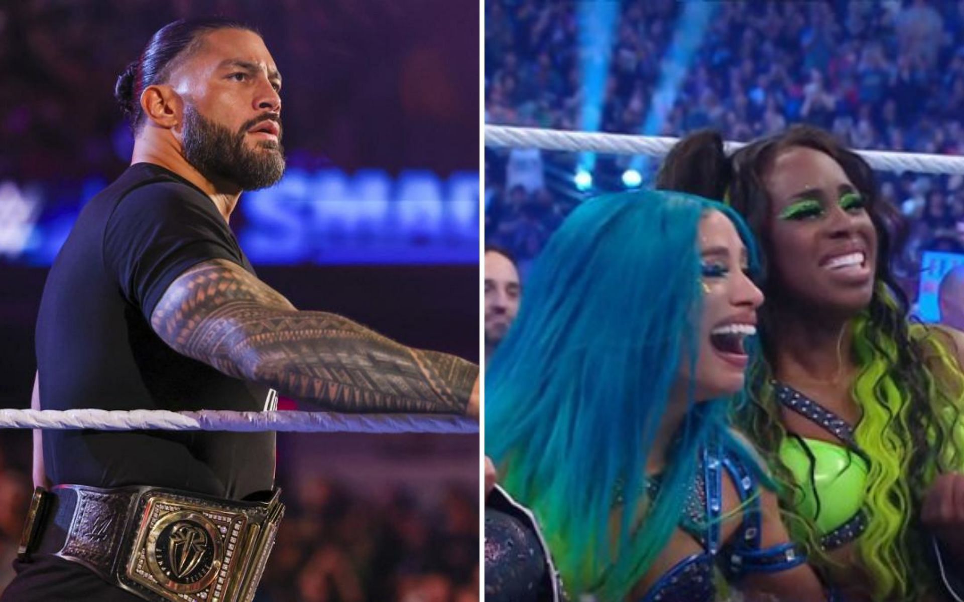 Roman Reigns on SmackDown (left); Sasha Banks and Naomi (right)