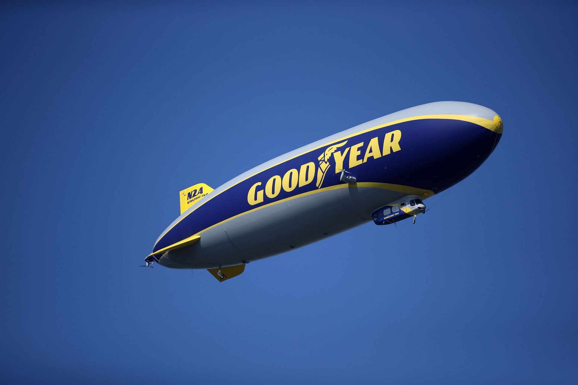 The Goodyear blimp flies overhead during the NASCAR Cup Series Goodyear 400 at Darlington Raceway (Photo by Sean Gardner/Getty Images)