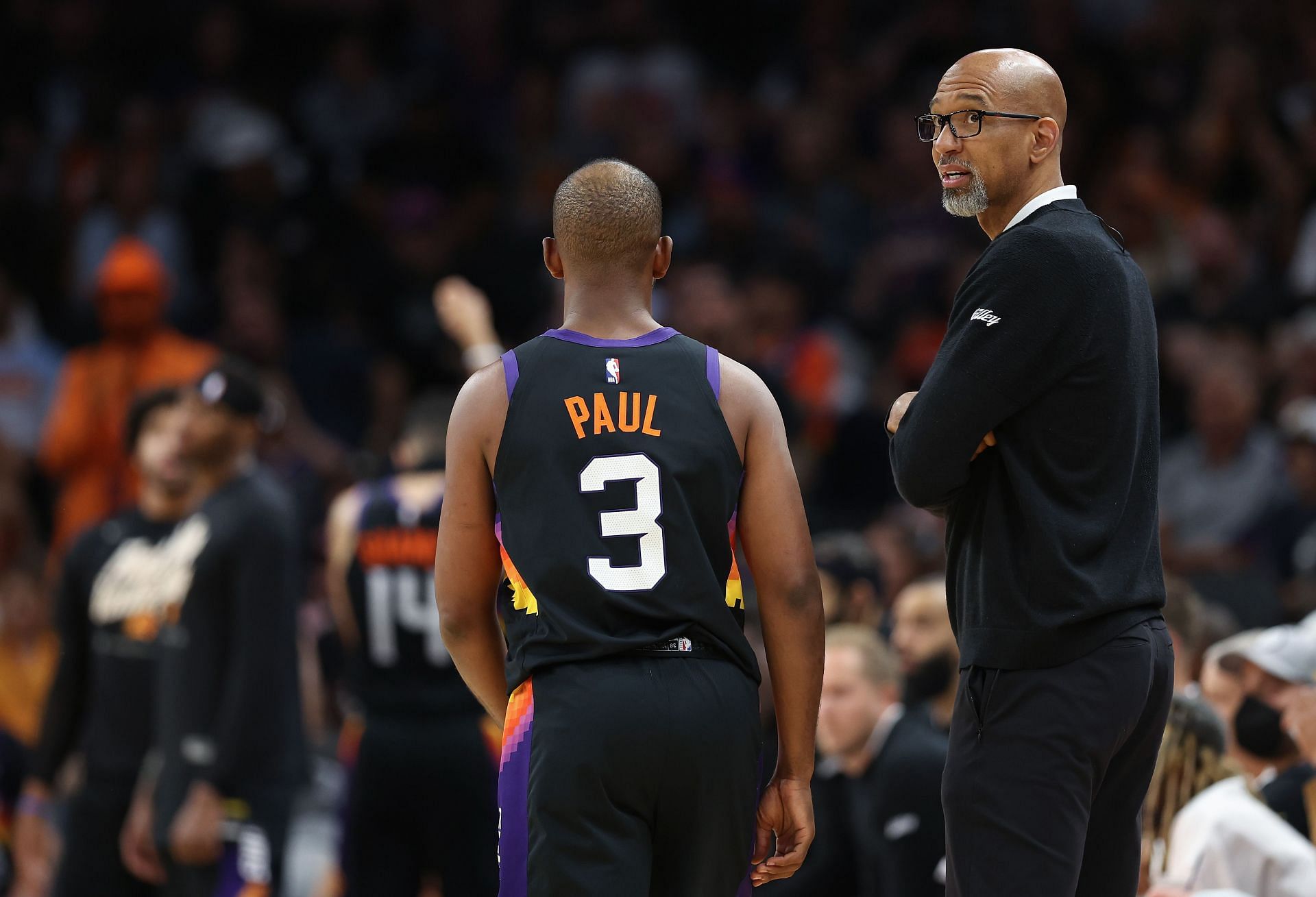 Head coach Monty Williams looks up as CP3 checks out of Game 7 of the Western Conference semifinals.