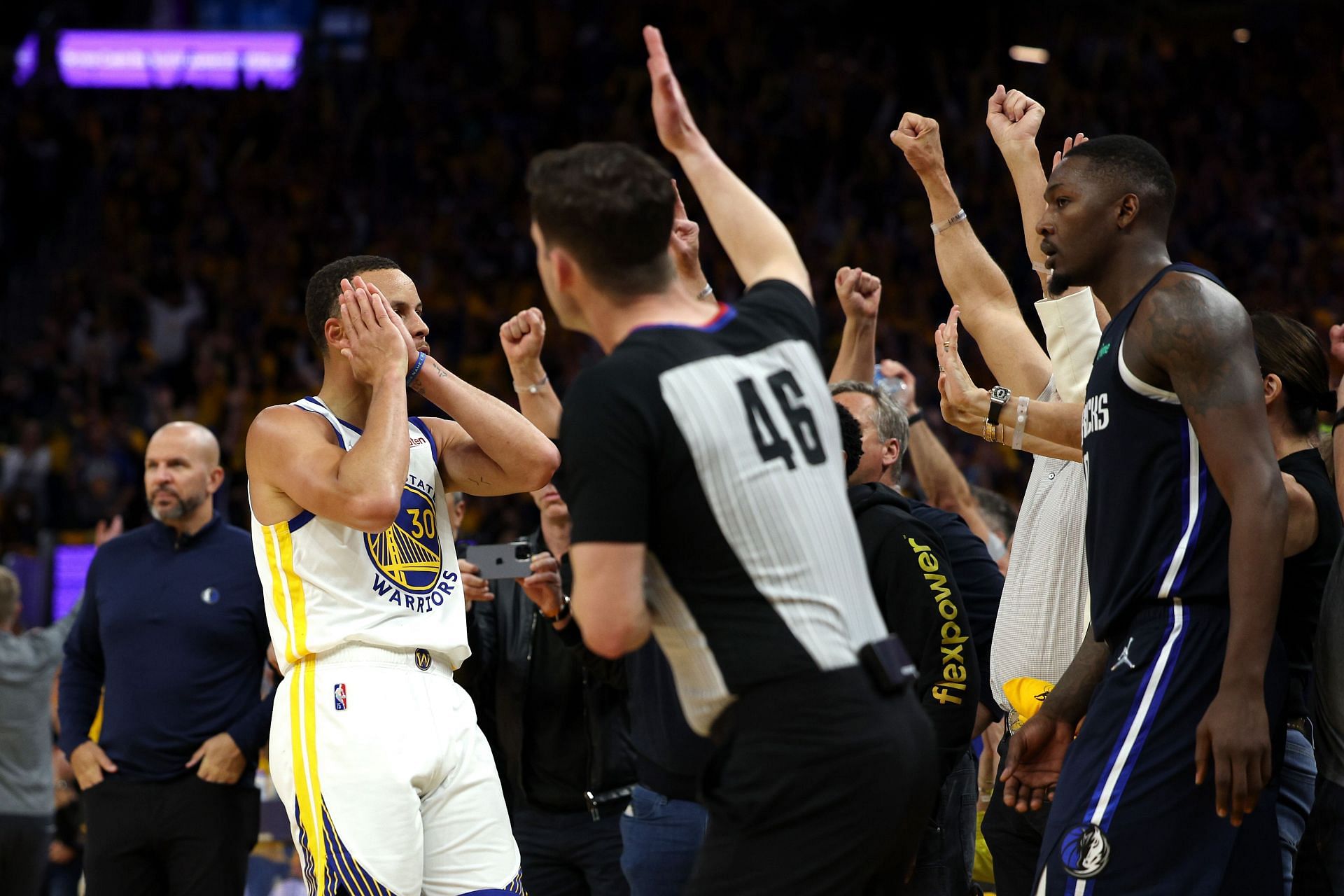 Steph Curry celebrating as he hits the dagger in the Dallas Mavericks v Golden State Warriors - Game Two