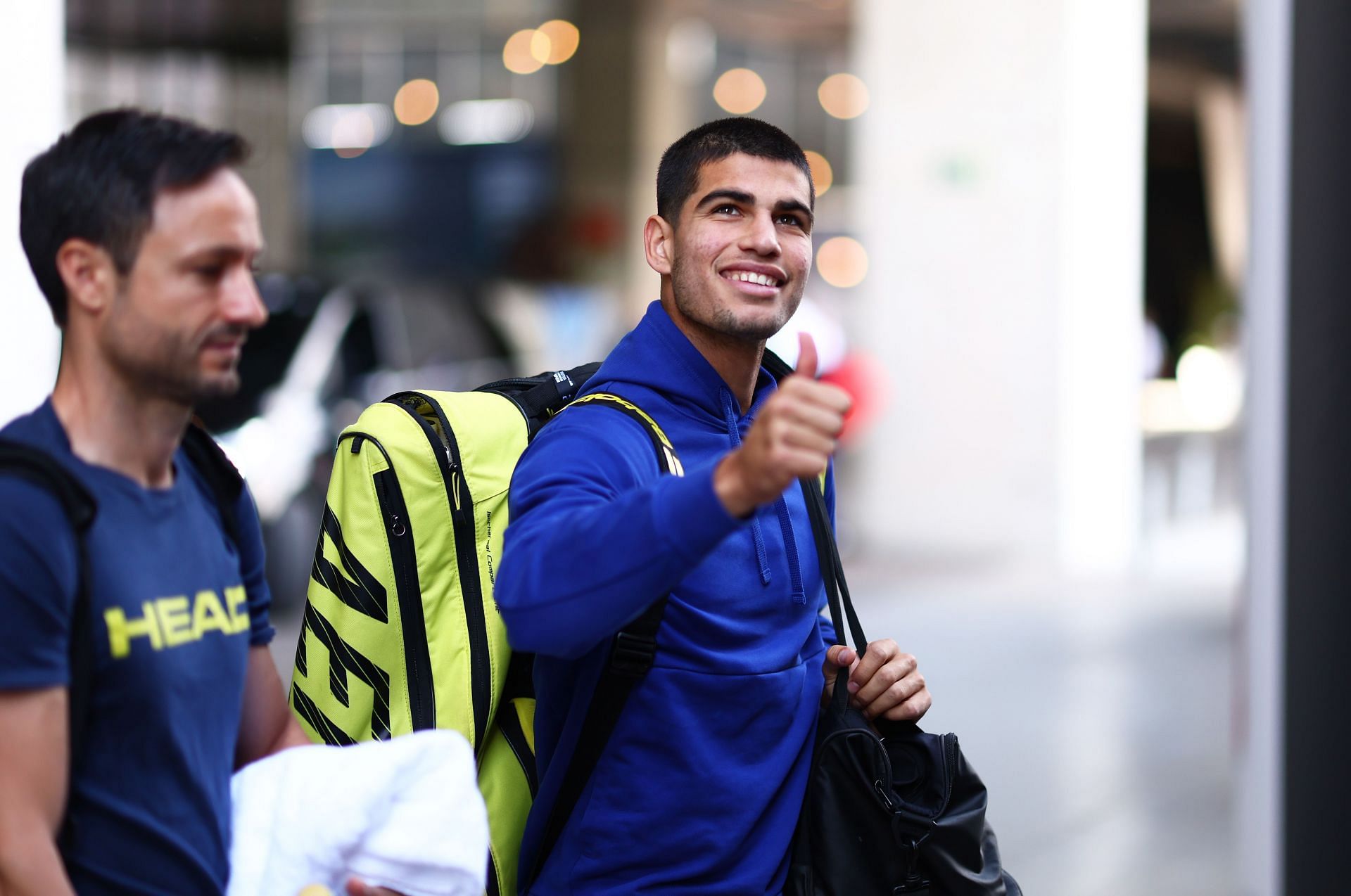 Carlos Alcaraz arrives for a pratice session at the 2022 Mutua Madrid Open