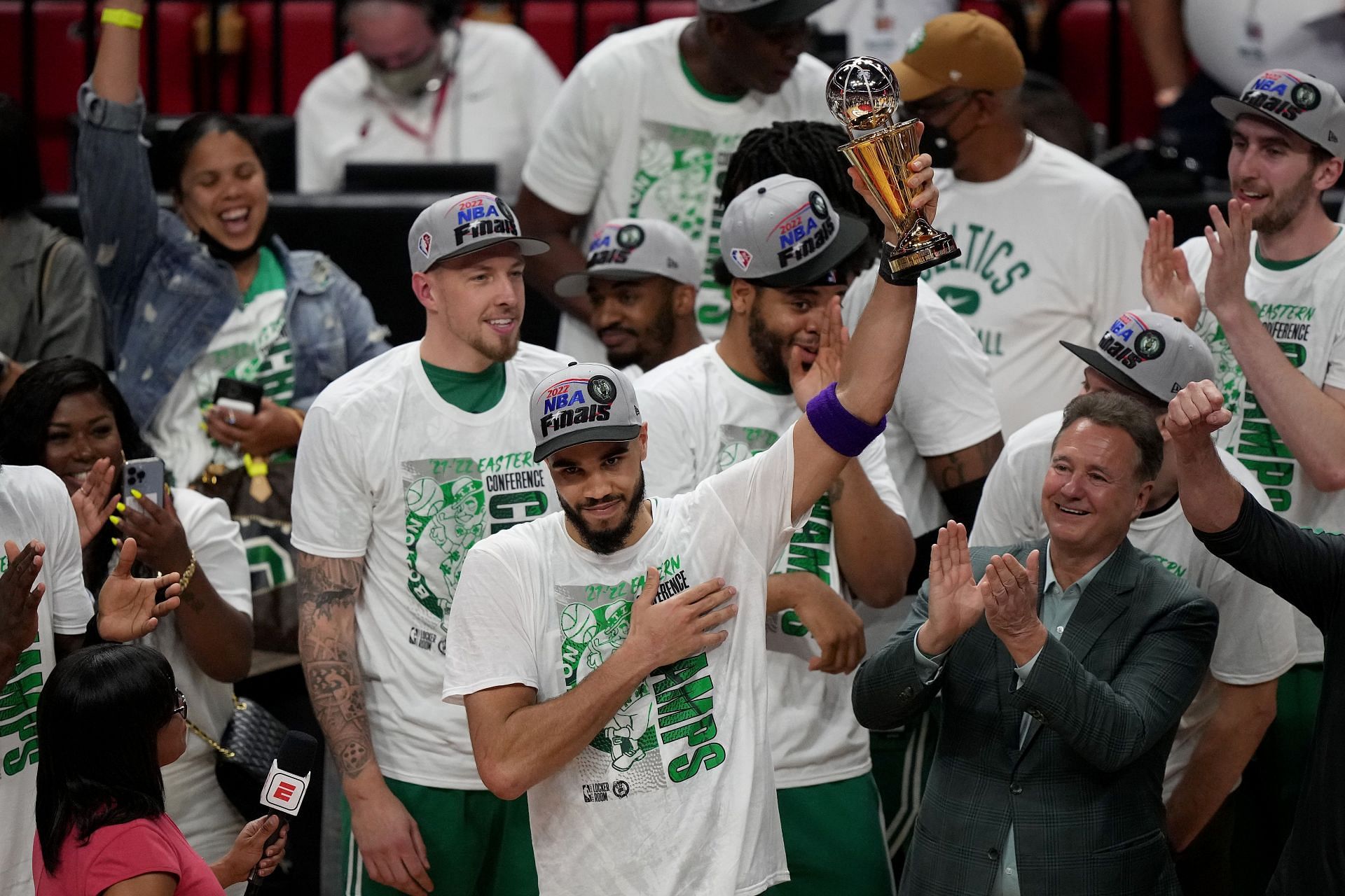 Jayson Tatum of the Boston Celtics celebrates after winning the ECFMVP Larry Bird trophy.