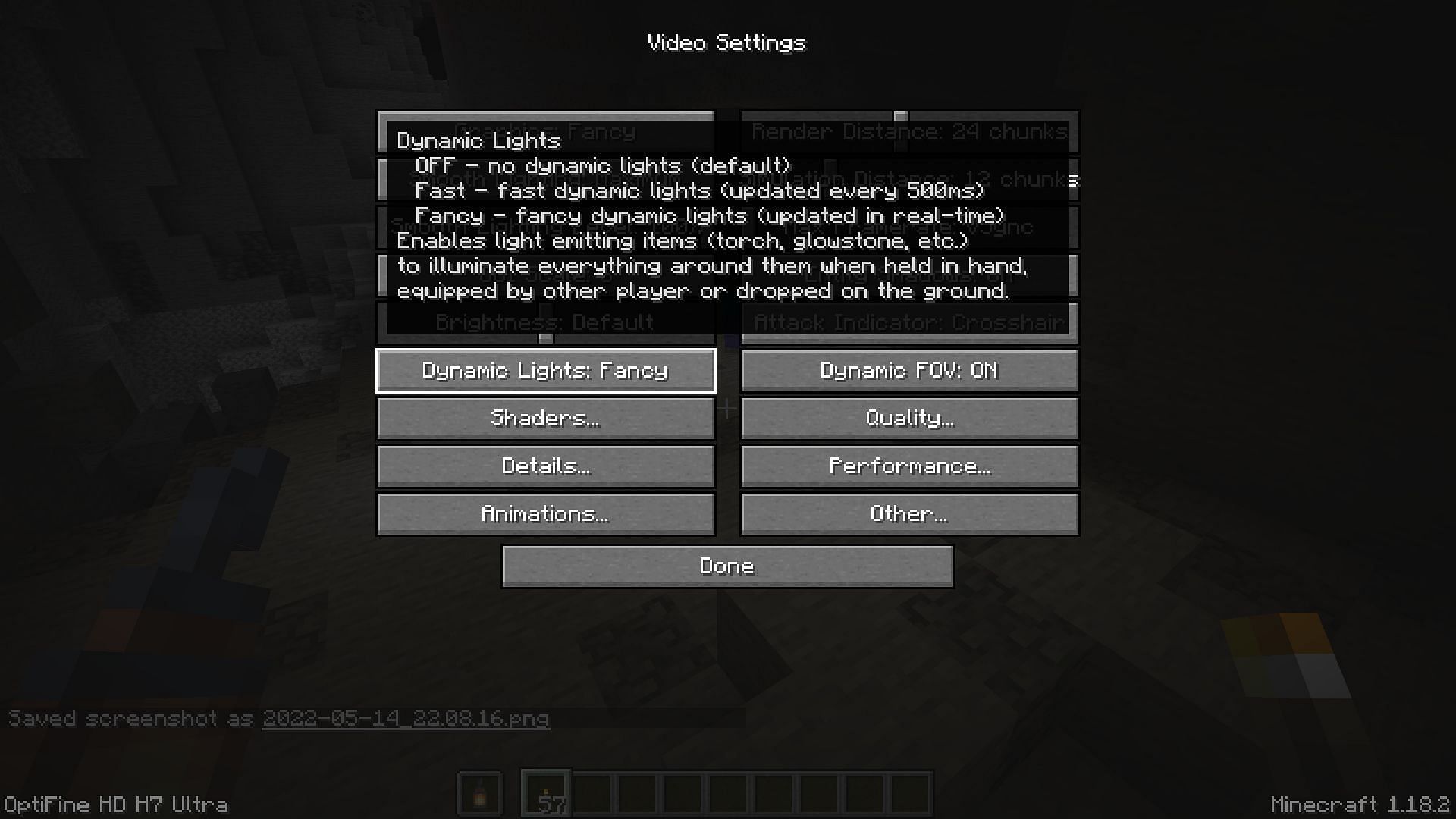 The location of the dynamic lighting setting in the video settings menu (Image via Minecraft)