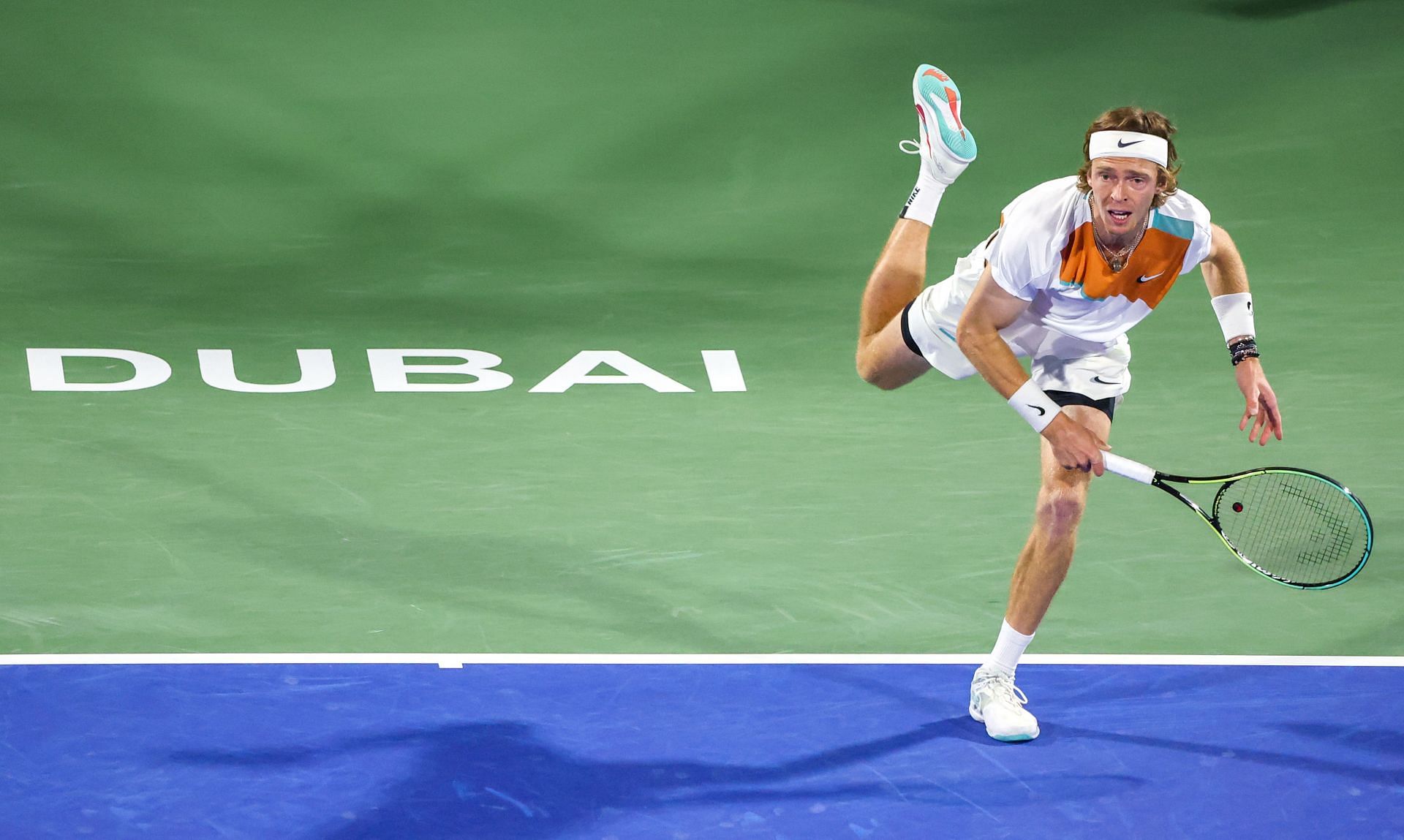 Rublev in action in the finals of the Dubai Duty Free Tennis Championships