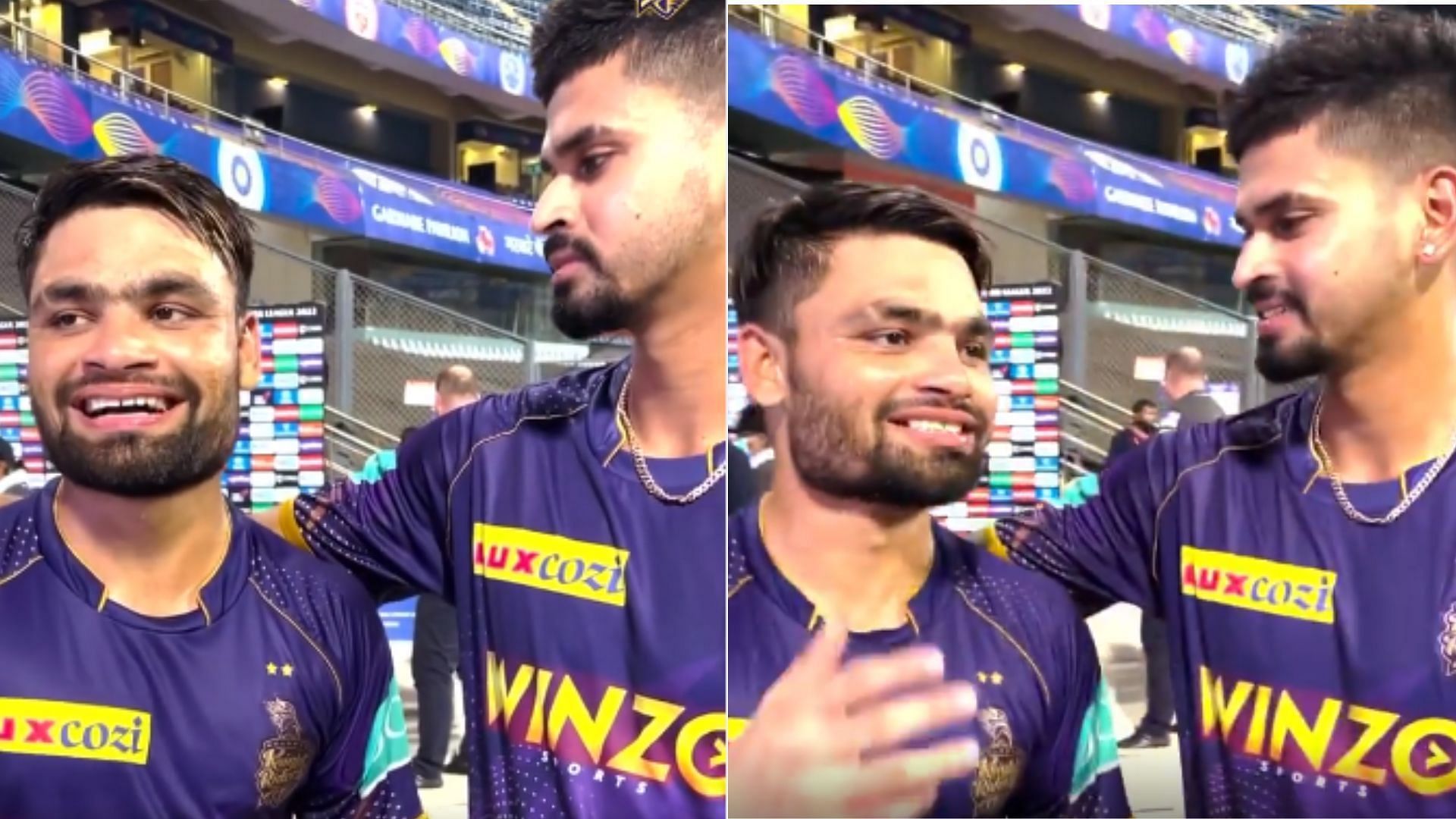 Rinku Singh (L) and Shreyas Iyer during a fun interaction after KKR&#039;s win over RR. (P.C.: KKR Instagram)