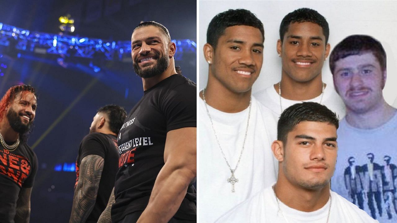 Reigns, Jimmy, and Jey Uso on WWE SmackDown (L); the photoshopped picture that Zayn shared (R)