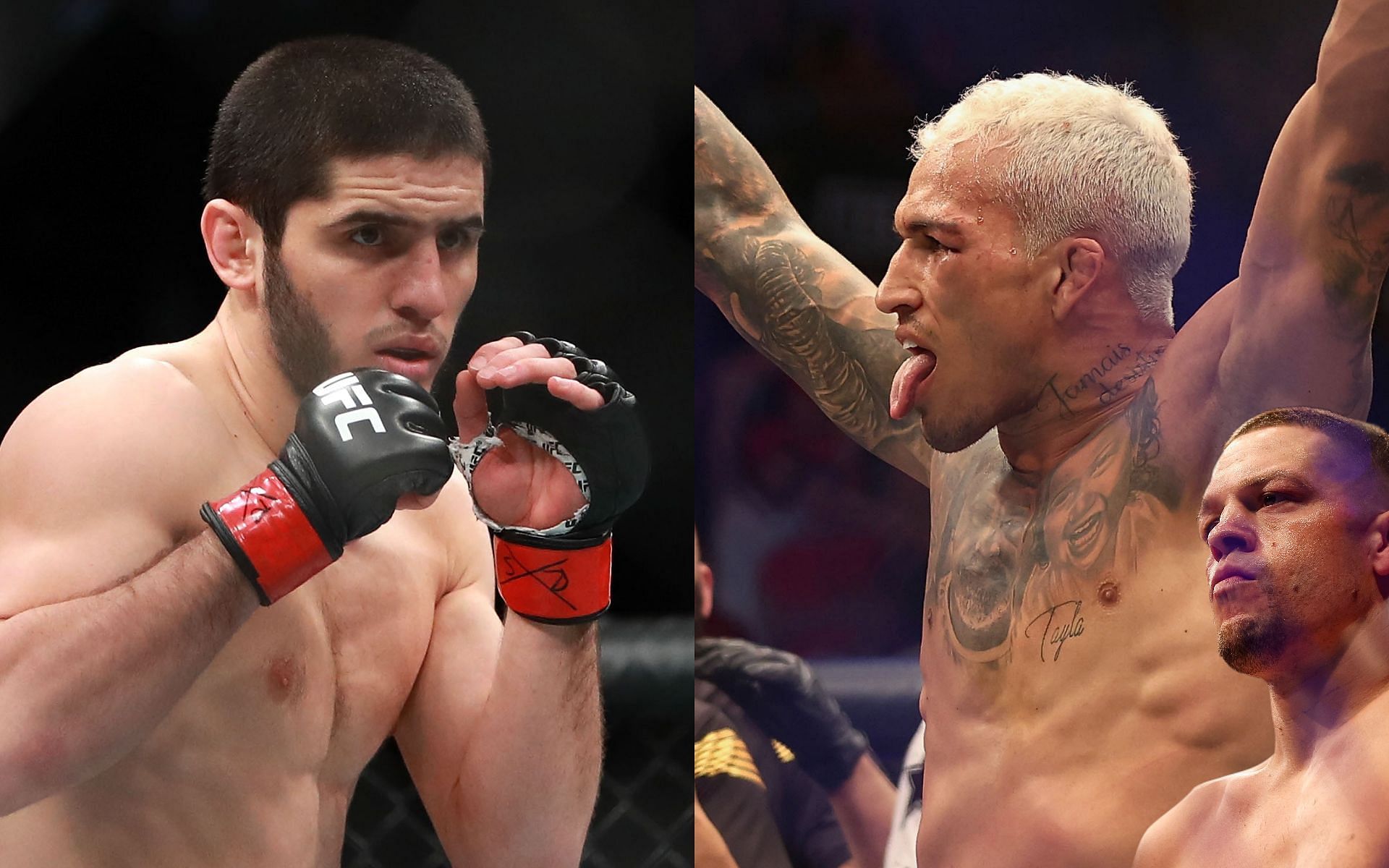 Islam Makhachev (left), Charles Oliveira and Nate Diaz (right) (Images via Getty)