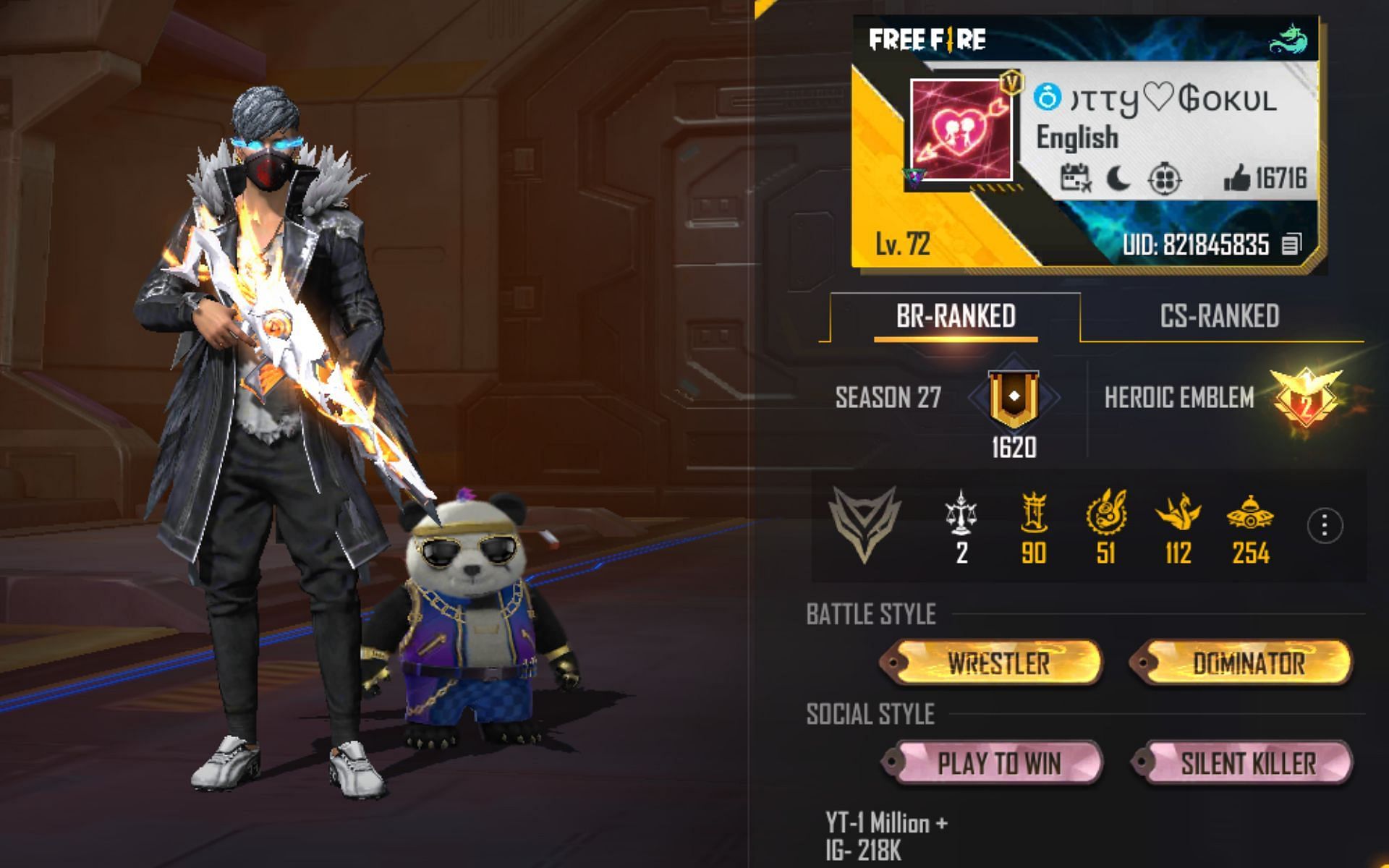 Kutty Gokul&rsquo;s Free Fire ID (Image via Garena)