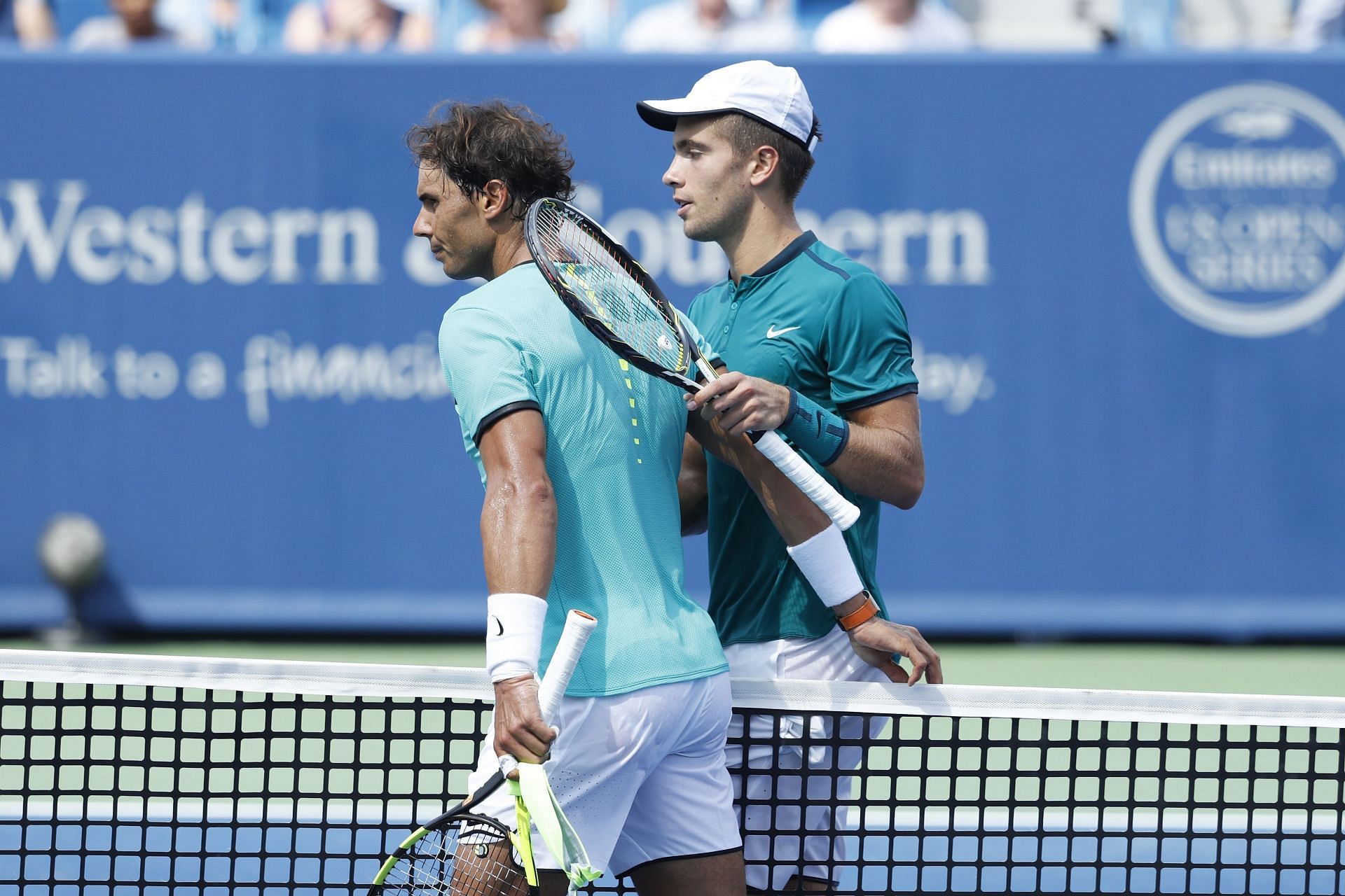 Rafael Nadal (L) and Borna Coric after their 2016 Cincinnati Masters clash
