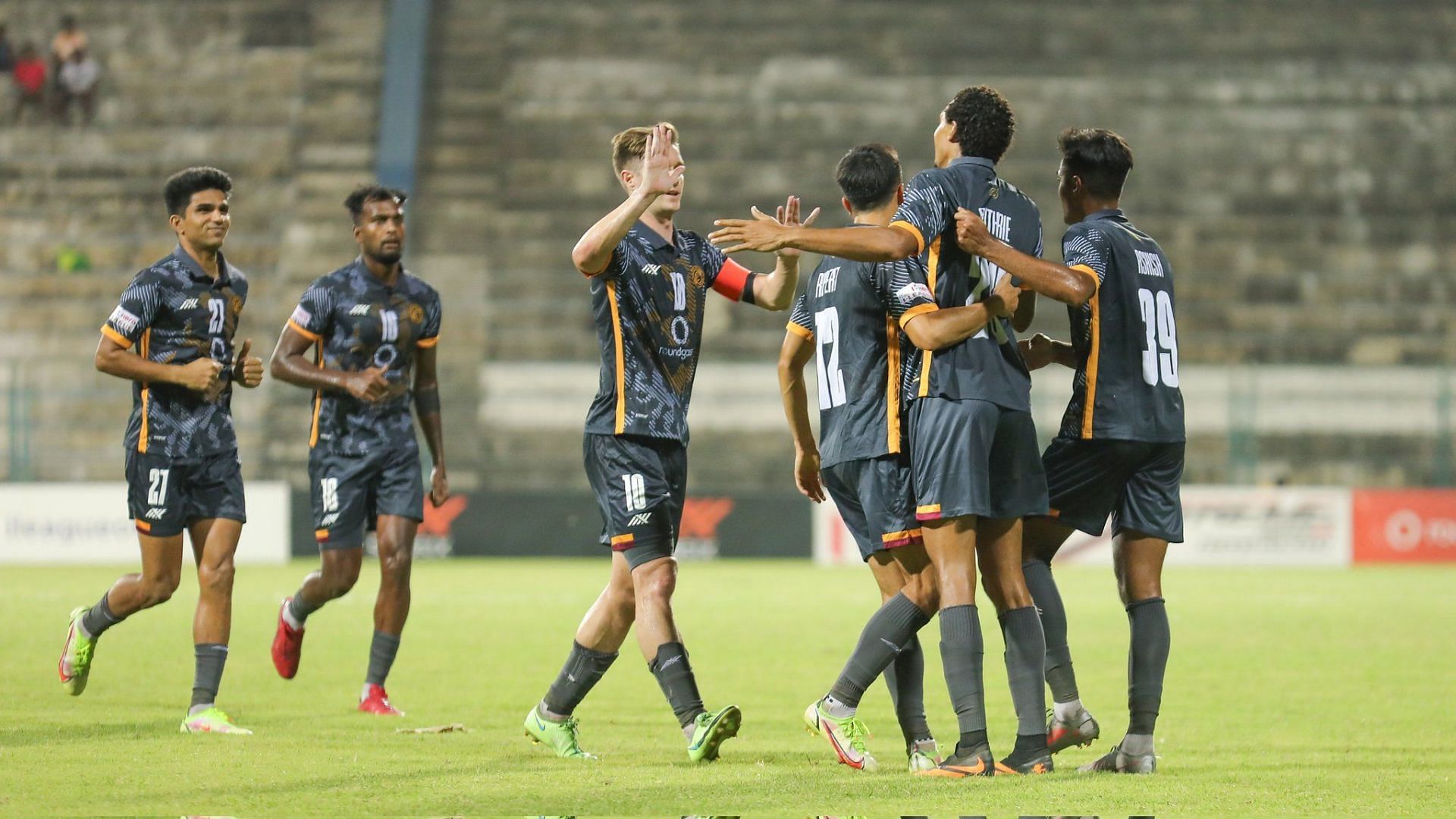 RoundGlass Punjab players celebrate after scoring a goal (Image Courtesy: RGPFC Twitter)