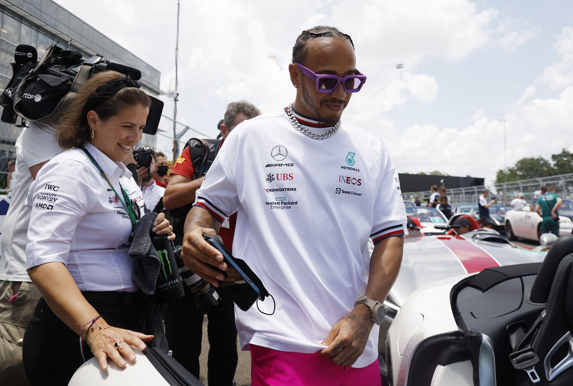 Lewis Hamilton of Great Britain and Mercedes looks on at the drivers parade prior to the F1 Grand Prix of Miami at the Miami International Autodrome on May 08, 2022 in Miami, Florida. (Photo by Chris Graythen/Getty Images)