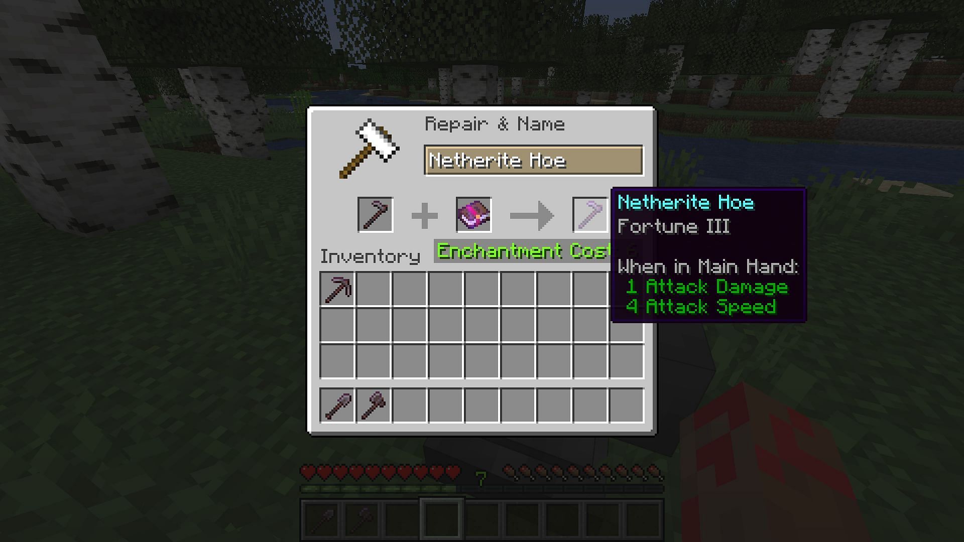 Hoe being enchanted (Image via Minecraft)
