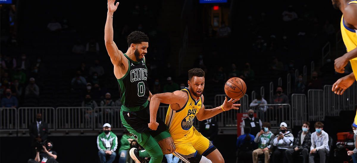 Jayson Tatum, left, and Stephen Curry, right.