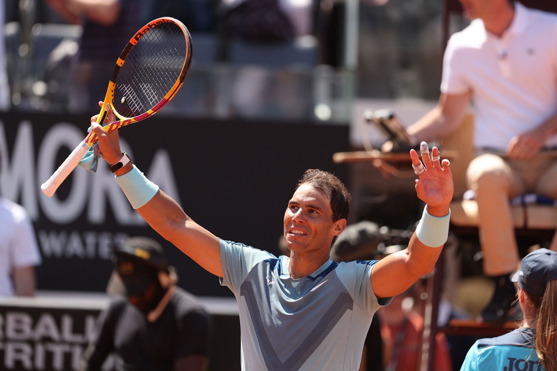 Rafael Nadal celebrates his second-round win over John Isner at the 2022 Italian Open.