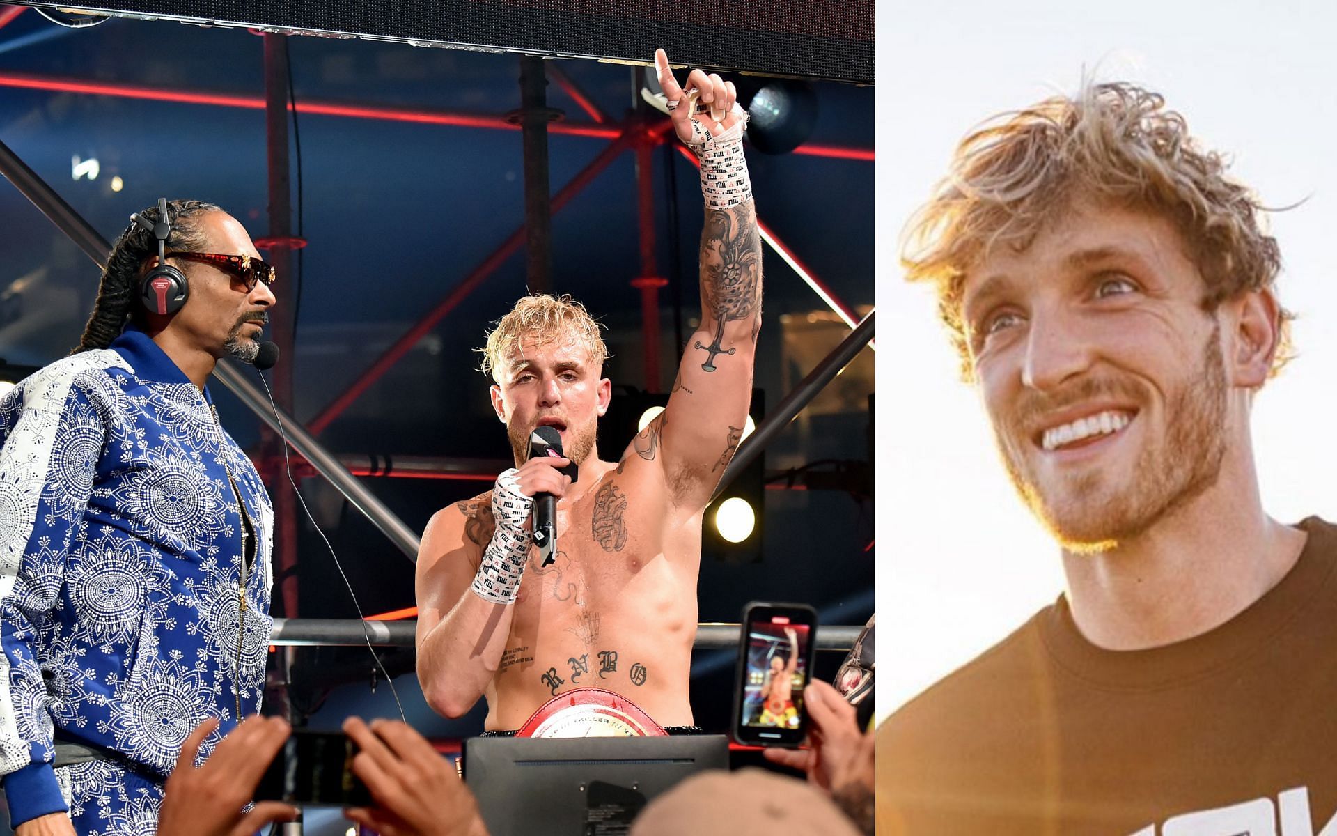 Jake Paul and Snoop Dogg (left) and Logan Paul (right)