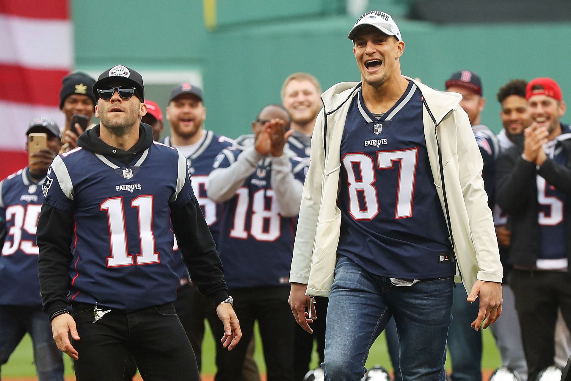 Julian Edelman and Rob Gronkowski at a Toronto Blue Jays v Boston Red Sox game