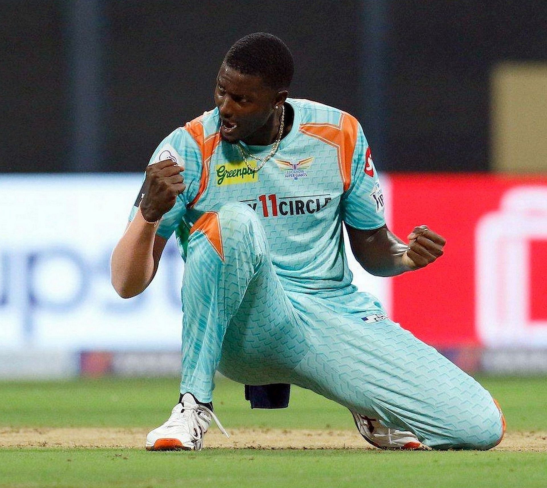 Jason Holder has scored 58 runs at a strike rate of 131.82 and scalped 14 wickets for LSG this season. Image: IPL/BCCI