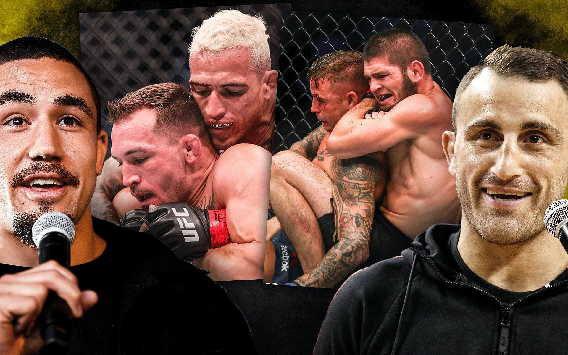 Robert Whittaker (far left), Michael Chandler &amp; Charles Oliveira (left), Dustin Poirier &amp; Khabib Nurmagomedov (right), Alexander Volkanovski (far right)