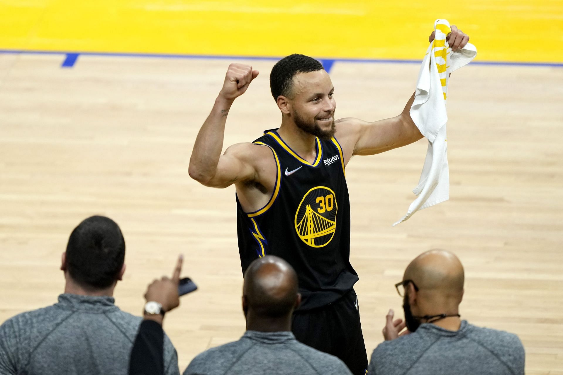 Stephen Curry of the Golden State Warriors celebrates after the 120-110 win against the Dallas Mavericks.