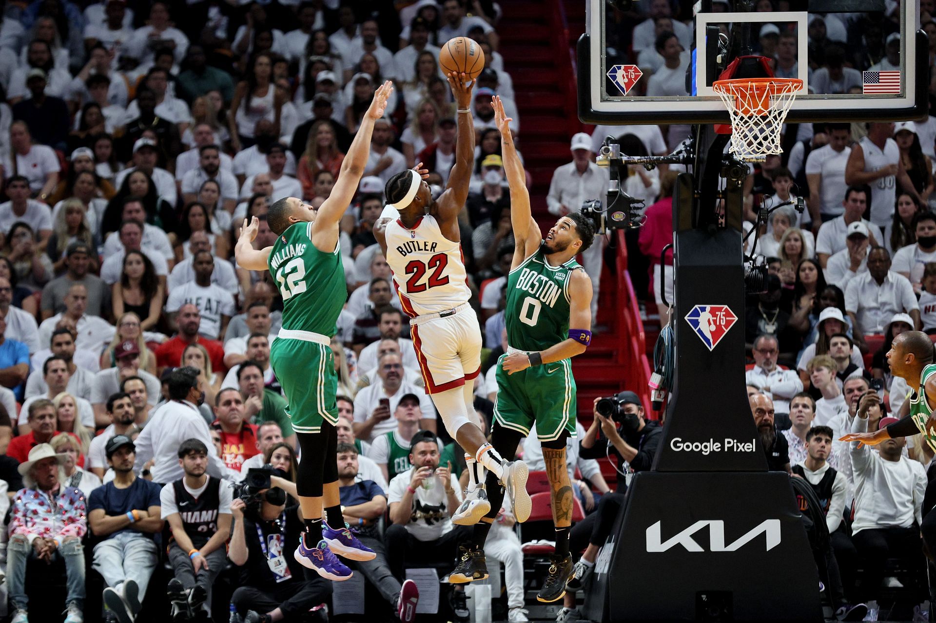 Jimmy Butler attempts to finish with a tough layup