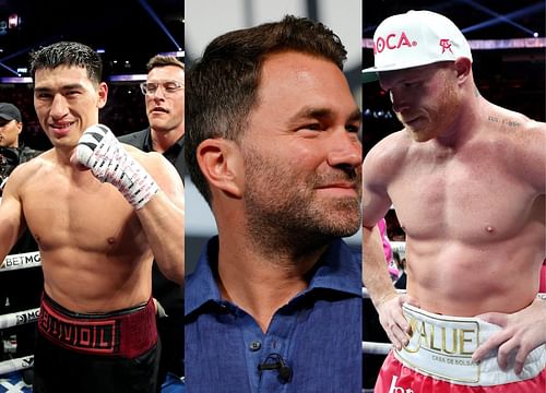 Dmitry Bivol (left), Eddie Hearn (center), Canelo Alvarez (right)