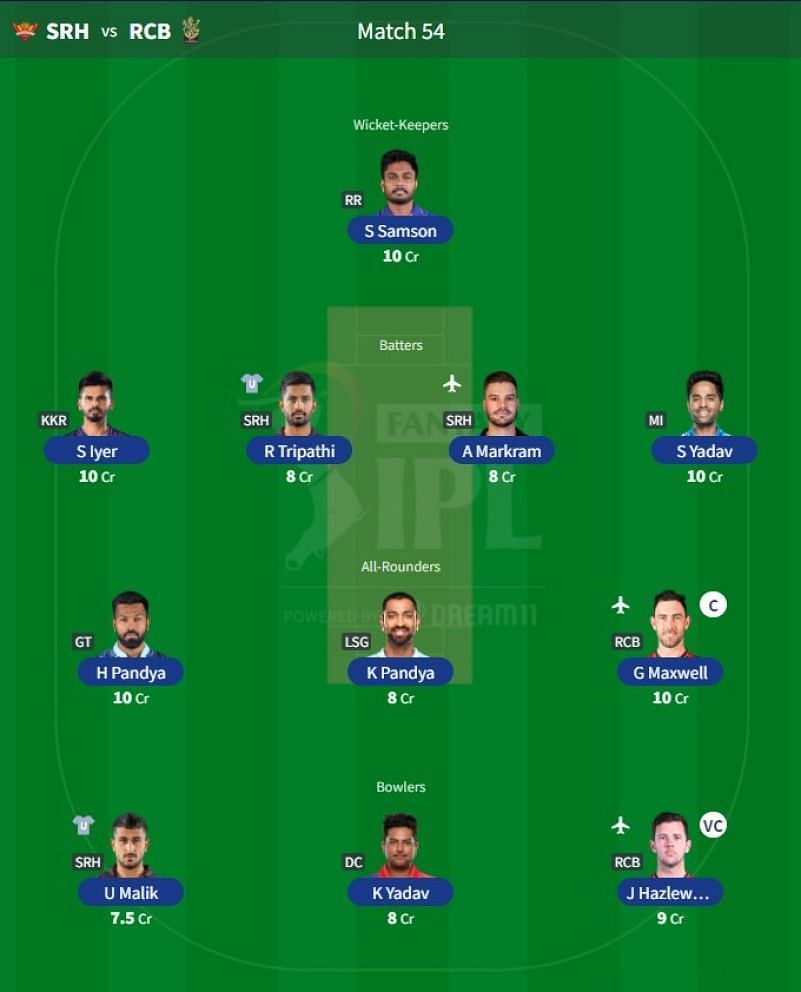 IPL Fantasy team suggested for Match 54 - SRH vs RCB