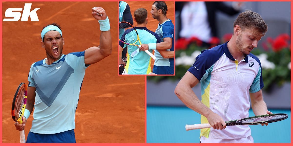 Rafael Nadal fought back from the brink against David Goffin (right) in Madrid
