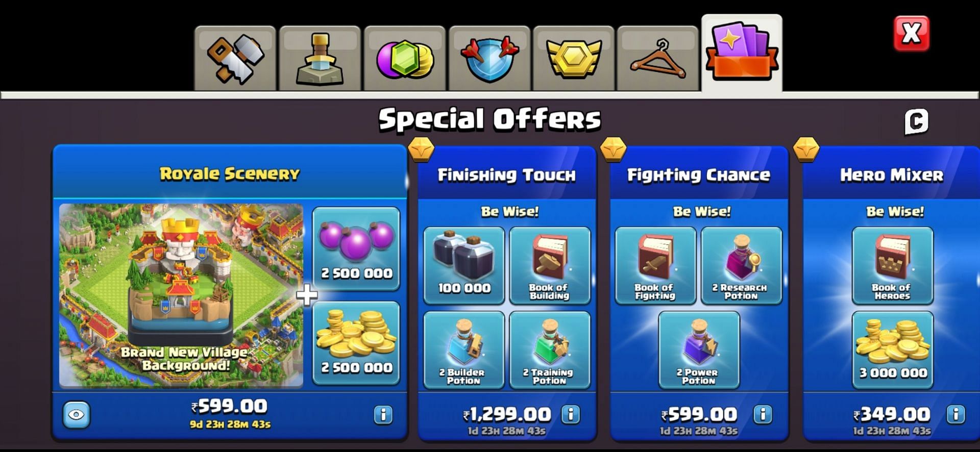 Special offers in the Royale Scenery Offer in Clash of Clans (Image via Sportskeeda)