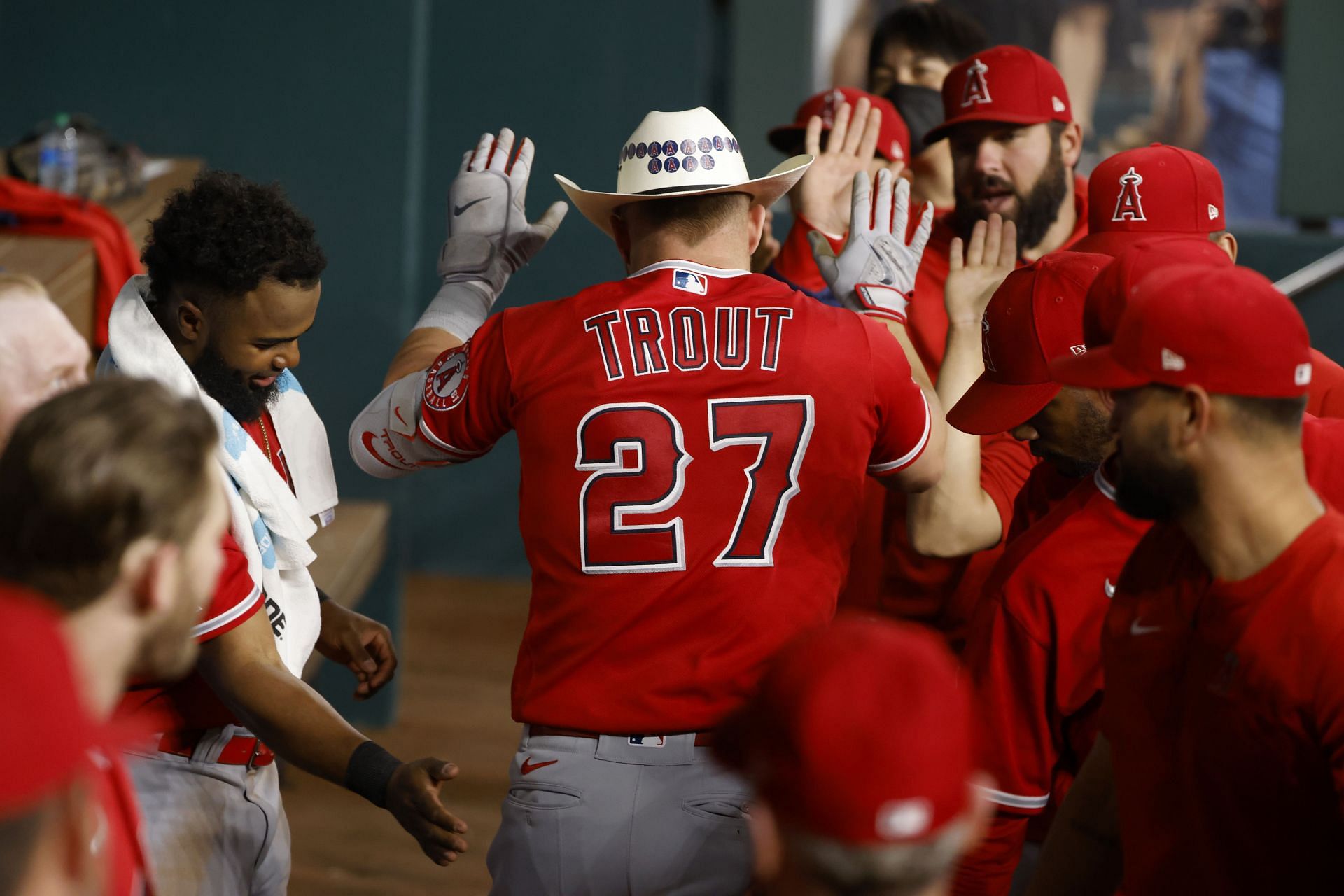 Mike Trout of the Los Angeles Angels celebrates.