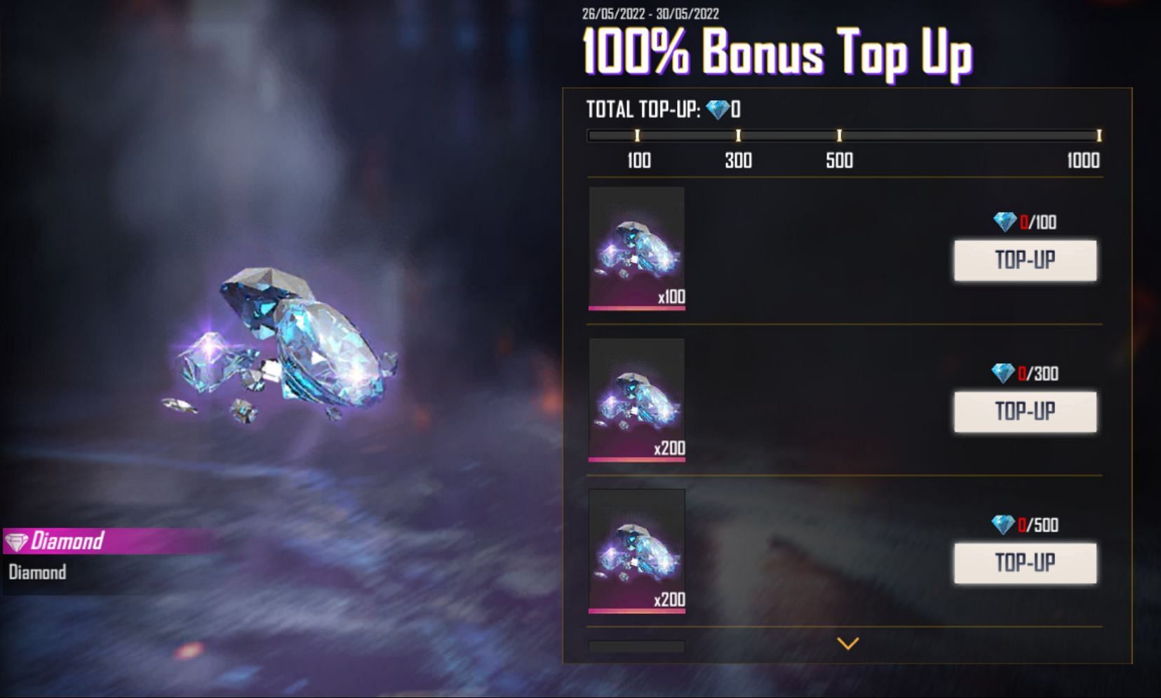 Purchase diamonds to get additional bonus (Image via Garena)