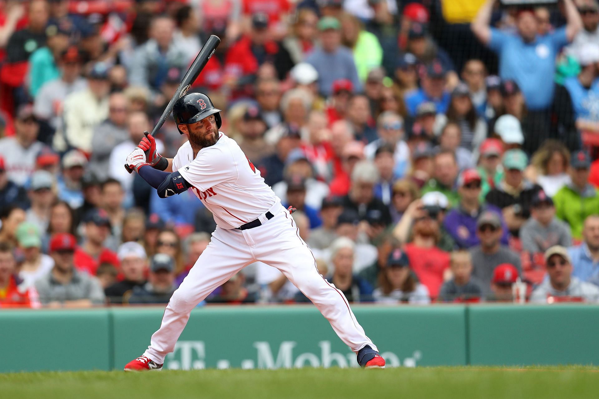 Dustin Pedroia of the Boston Red Sox at bat during the third inning against the Baltimore Orioles at Fenway Park on April 15, 2019