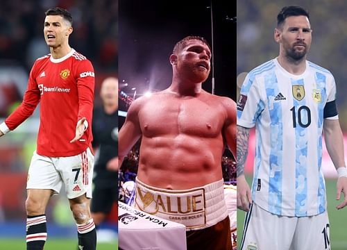 Cristiano Ronaldo (left), Canelo Alvarez (center), Lionel Messi (right)