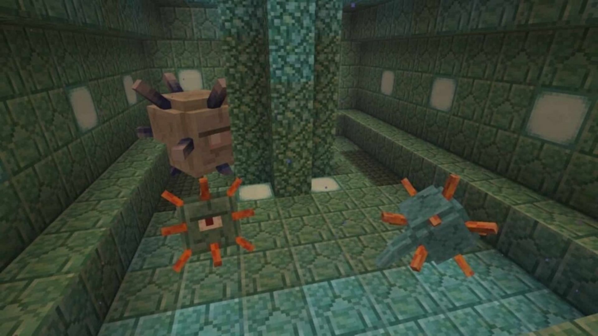 An elder guardian flanked by two standard guardians (Image via Mojang)