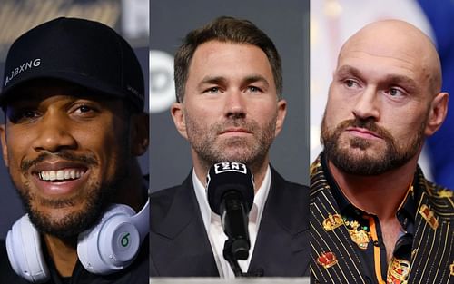 Anthony Joshua (left), Eddie Hearn (center), Tyson Fury (right)