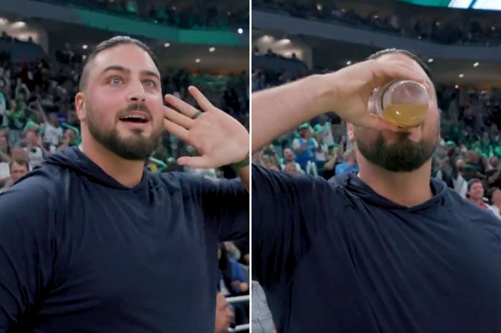 All-Pro left tackle David Bakhtiari chugging beers at Bucks home playoff game. Source: New York Post