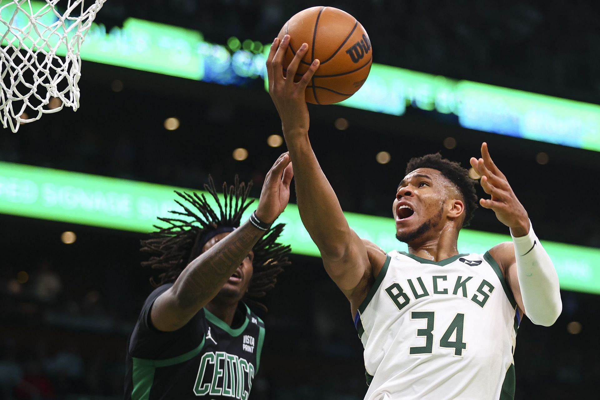 Two-time NBA MVP Giannis Antetokounmpo in action against the Boston Celtics