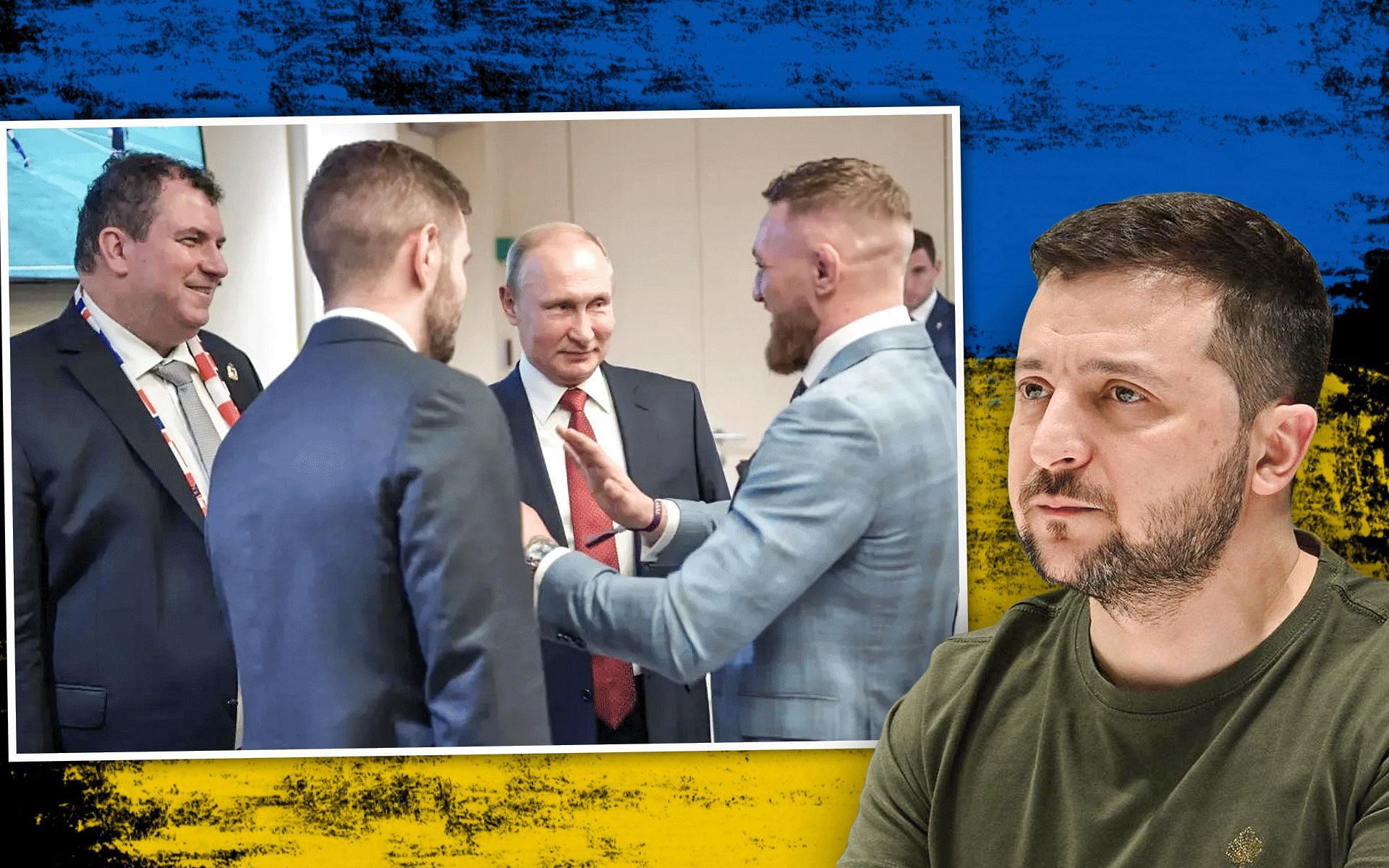 Conor McGregor&#039;s meeting with Vladimir Putin (L) (via thesun.co.uk), Volodymyr Zelensky (R) (via @zelenskiy_official on Instagram)