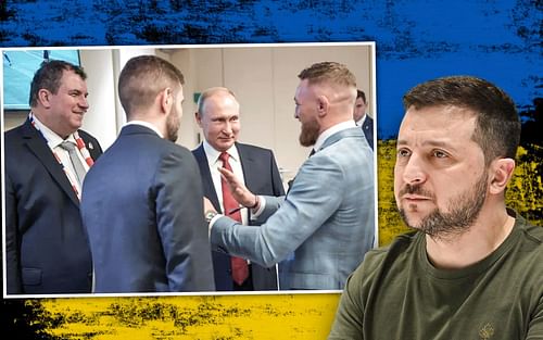 Conor McGregor's meeting with Vladimir Putin (L) (via thesun.co.uk), Volodymyr Zelensky (R) (via @zelenskiy_official on Instagram)