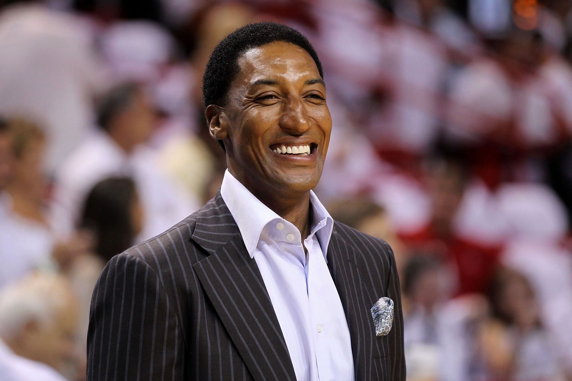 Former Chicago Bull Scottie Pippen looks on as the Chicago Bulls play against the Miami Heat in Game Three of the Eastern Conference Finals during the 2011 NBA Playoffs on May 22, 2011 at American Airlines Arena in Miami, Florida.